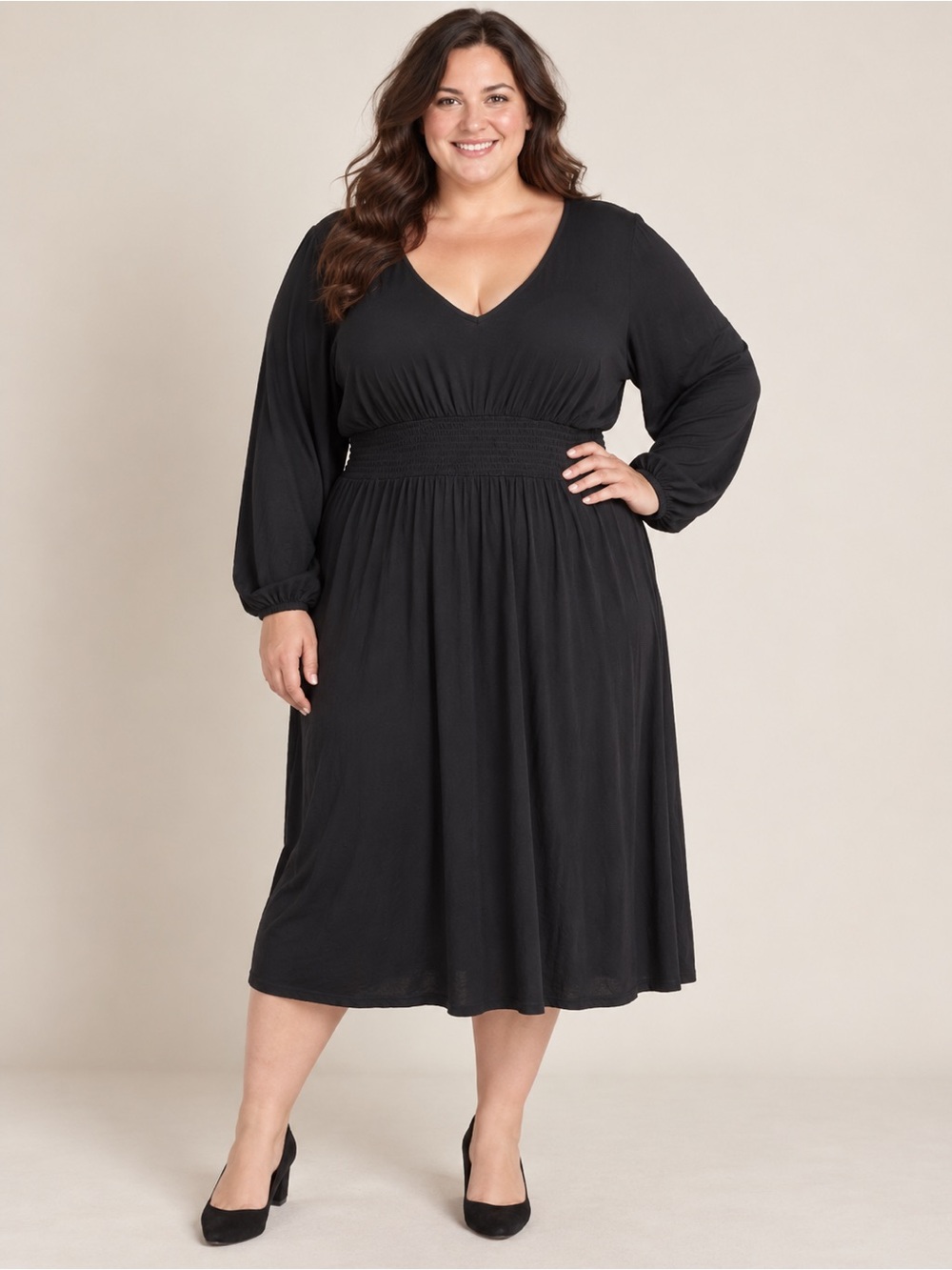 Terra & Sky Black V-Neck Smocked-Waist Midi Dress